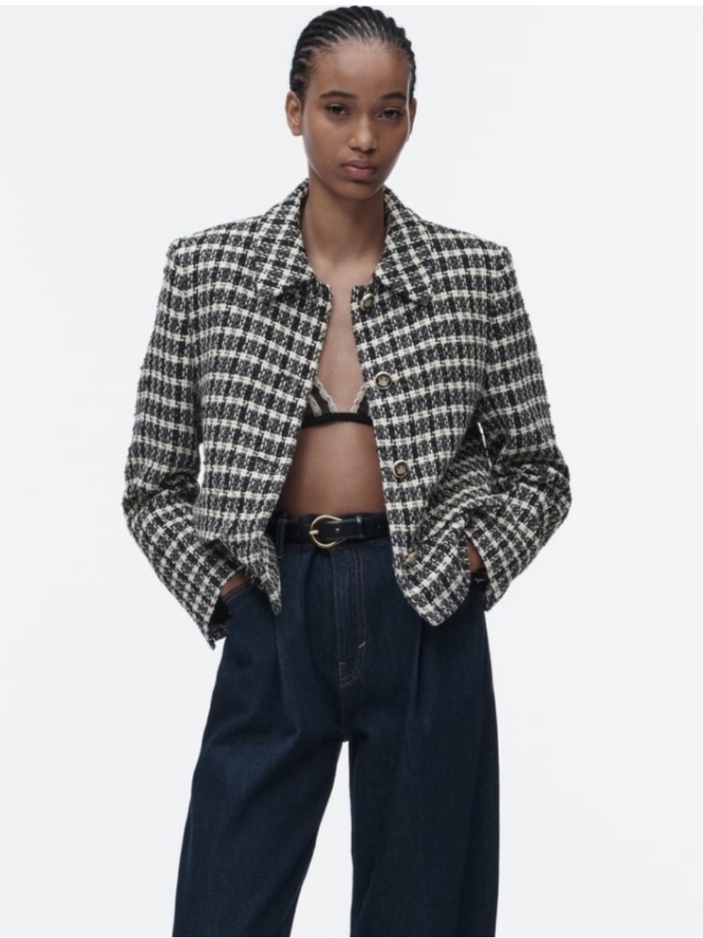 Zara Cropped Black & White Tweed Jacket - Women